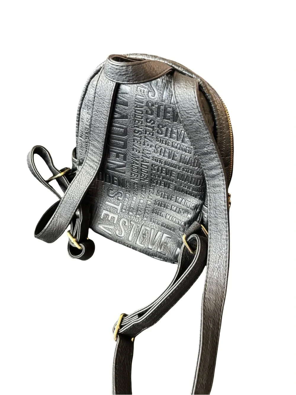Steve Madden Black Embossed Mini Backpack with Gold Hardware
